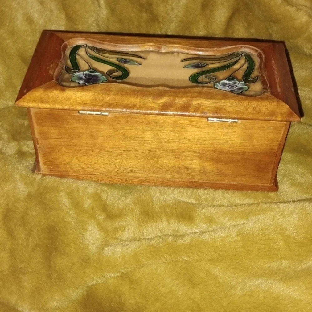 Vintage Stained Glass Wooden Jewelry Organizer with Drawers
